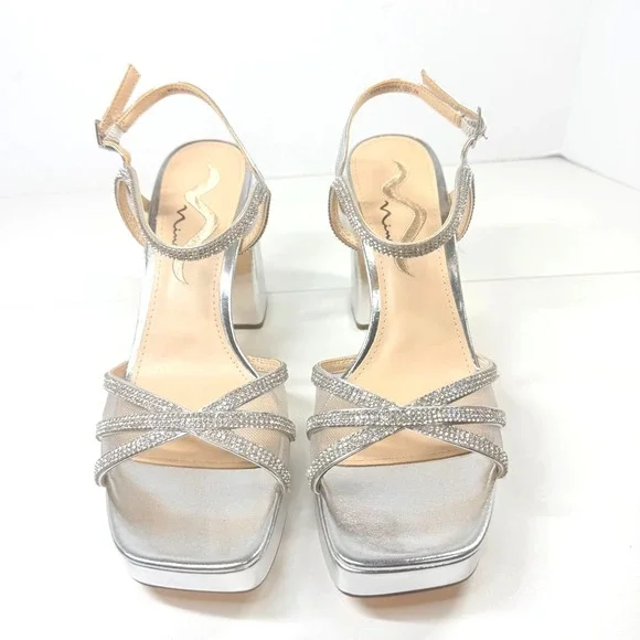 Nina Platform Sandals Women 9.5M Silver Rhinestone Block Heel Dress Shoes - Picture 2 of 9